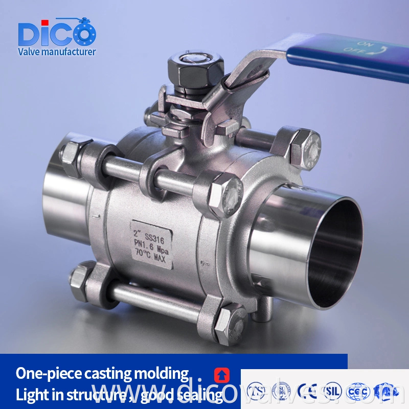 Water Treatment Food Grade Sanitary Type Stainless Steel Butt Weld End 3PC Ball Valve